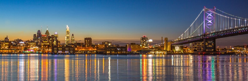 Canvas Art Philadelphia Skyline with Benjamin Franklin Bridge, Wall Art-Prints,Digital Prints-Philadelphia Art,Ben Franklin Bridge. 12x36