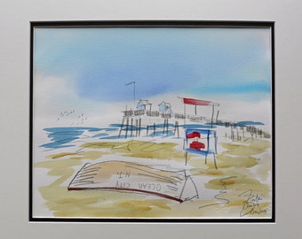 Original watercolors of Ocean City NJ with lifeguard stand (16 x20) By Joe Barker.