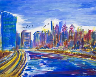 Original Art of the Philadelphia Skyline High Quality Acrylic on Canvas (20x30)