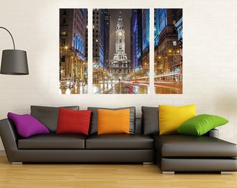 Philadelphia City Hall Reflection (36 x48) Canvas Art, Night Time-Philadelphia Art-Photography-Philadelphia Prints-Triptych ,(Three panels)