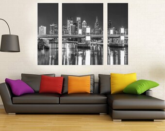 Fotografía del horizonte de Filadelfia con el puente de South Street (36 x 48), tríptico (tres paneles), arte de Filadelfia, arte en lienzo, blanco y negro.