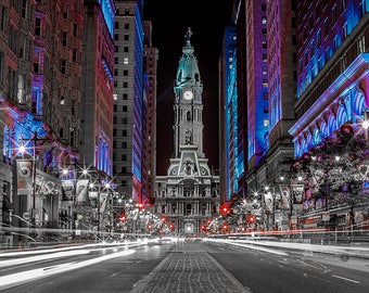 Philadelphia City Hall at Night Canvas Art (30x40) Black and White,Wall Art,Photo,Photography.