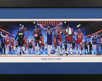 Sixers Legacy" Here they Come" is Giclee Lithograph Framed and Matted 14'' x26''