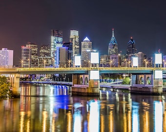 Fotografía del horizonte de Filadelfia con el puente de South Street (30 x 40), arte de pared, arte de Filadelfia, arte en lienzo.