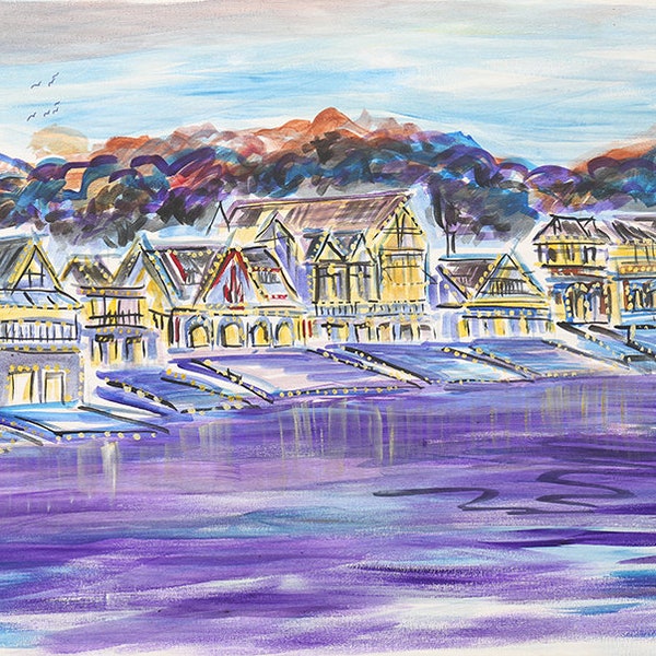 Original Watercolors painting  acrylics On Canvas of Boat House Row By The Artist Jo Barker (24'' x40'')