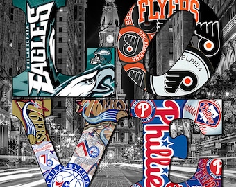 May include: A collage of Philadelphia sports team logos in the shape of the word "LOVE". The logos include the Eagles, Flyers, Phillies, and 76ers. The background is a black and white photo of the city skyline.