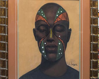 Green And Orange Mask is Original Pastel By the artist Laurie Cooper ,Framed and Matted.