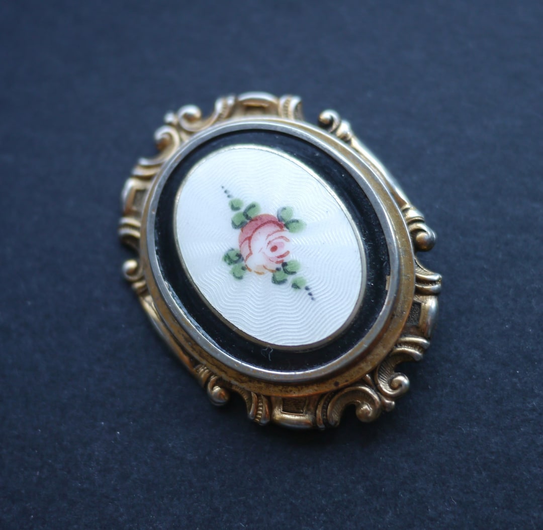 Vintage Brooch, White Guilloche Enamel and Hand Painted Pink Rose - Etsy