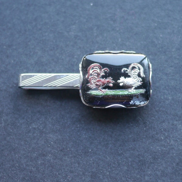 Vintage tie clip slide, reverse carved glass two cockerels