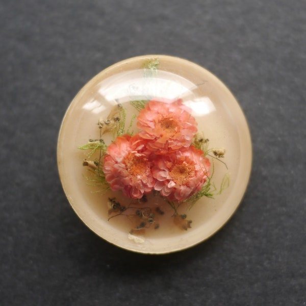 Pale pink lucite brooch with pink dried flowers