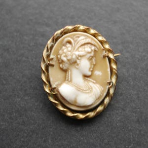 Plastic cameo brooch pale brown with gold tone frame
