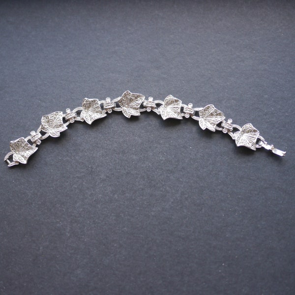 Vintage silver tone metal chain link bracelet ivy leaves with marcasite