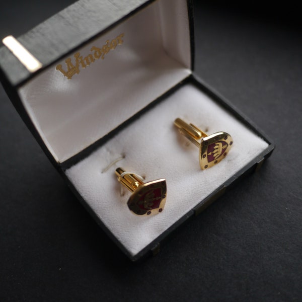 Vintage Windsor cufflinks shield design red enamel with crown, original box