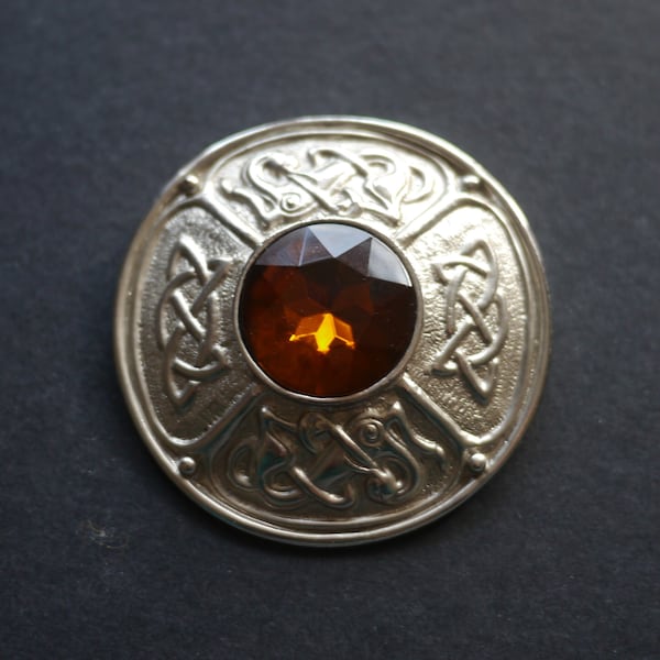 Large chunky vintage Scottish Celtic brooch with orange stone, cloak pin