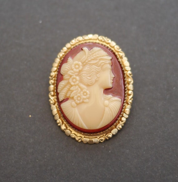 Vintage Early Plastic Cameo Brooch With Gold Tone Setting and Two Tone Background Etsy