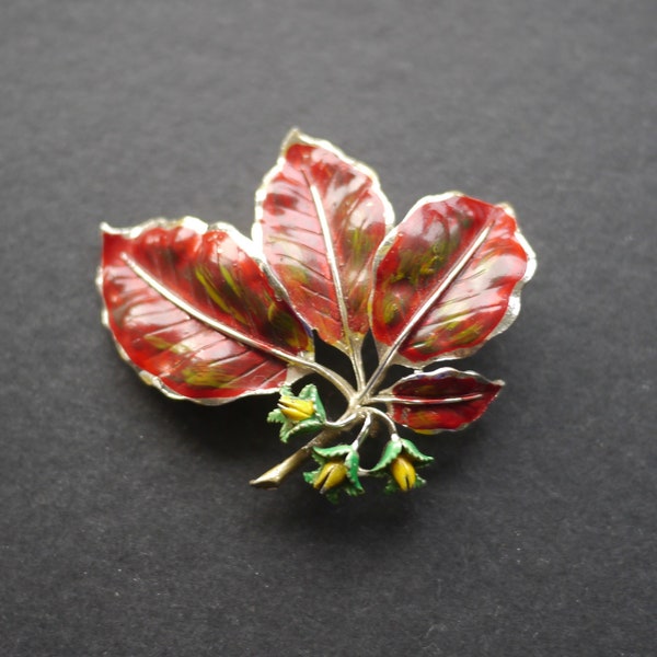 Signed Exquisite vintage brooch 1960s copper beech leaves and flowers painted enamel