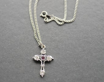 Vintage silver tone metal small size cross pendant necklace with rhinestones