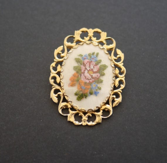 Petit point flowers cross stitch brooch with gold tone metal frame