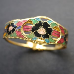 Enamel Cloisonne vintage bangle bracelet with hinge, black enamel flowers