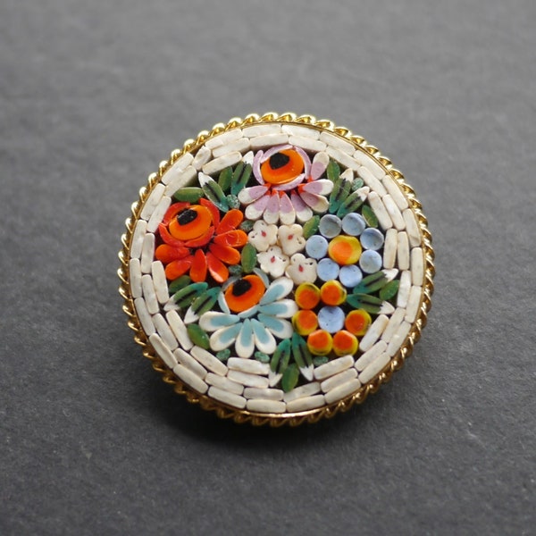 Vintage mosaic brooch white tiles coloured flowers