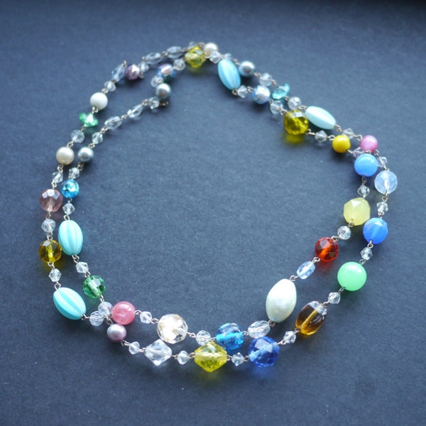 Vintage multicoloured glass bead necklace, deco style, chain linked long single strand