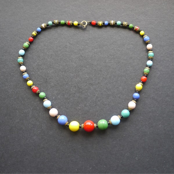Art deco harlequin multi coloured opaque glass beaded necklace