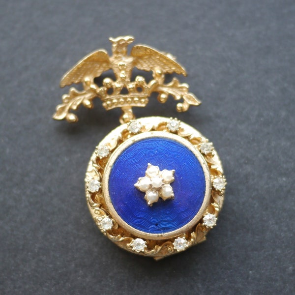 Vintage locket brooch, gold tone Victorian revival, blue enamel faux pearls, signed Florenza