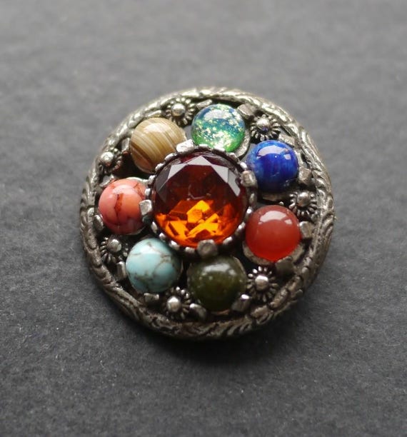 Celtic Scottish Miracle Faux Agate Vintage Brooch With Coloured