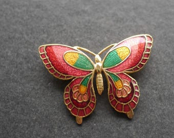 アンティーク中国製七宝焼き蝶のブローチ、フィリグリーエナメル