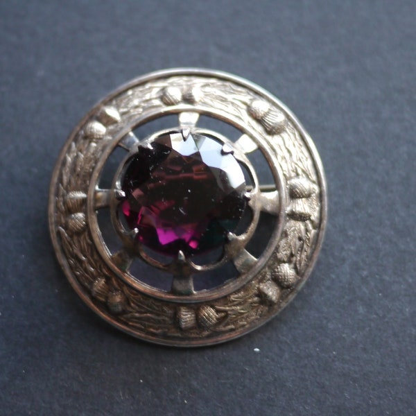 Large chunky vintage Scottish Celtic brooch with purple stone, cloak pin