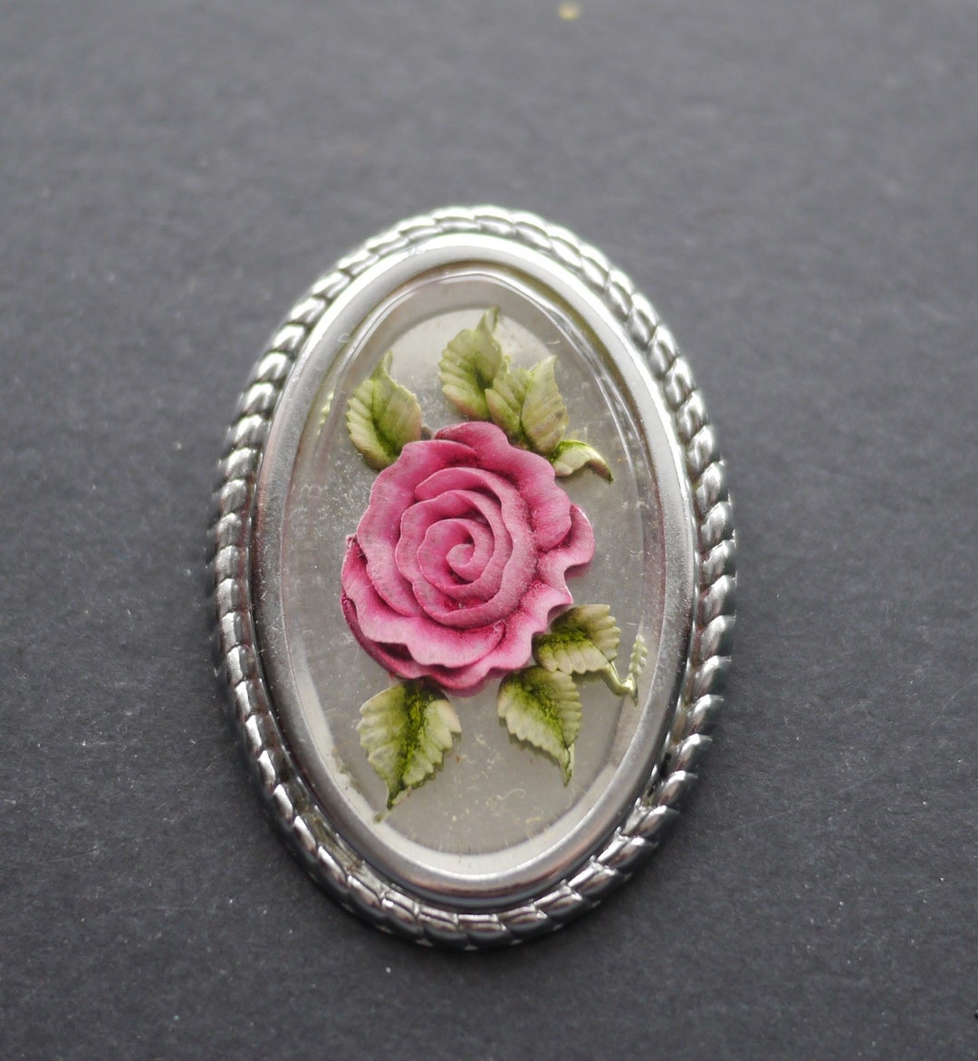 Reverse Carved Lucite Pink Rose Brooch With Mirrored Silver Tone Back