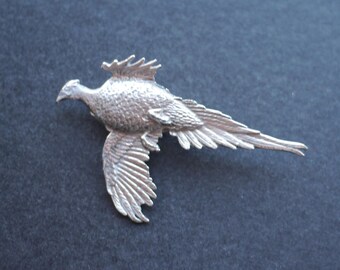 Broche Ancienne En Argent Massif Et émail - Oiseau Faisan, Bijou Vintage, Occasion
