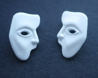 Vintage white plastic spooky mask earrings for pierced ears