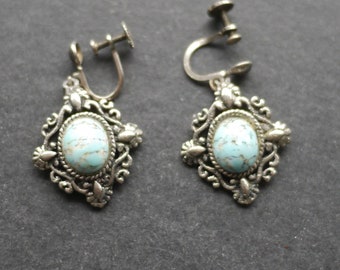 Vintage screw back earrings, blue glass cabochons and silver tone metal