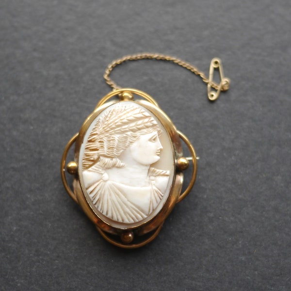 Antique shell carved classical cameo brooch, gold tone frame