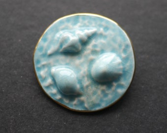 Vintage ceramic shell brooch blue glaze