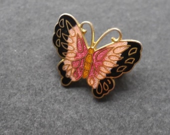 アンティーク中国製七宝焼き蝶のブローチ、フィリグリーエナメル