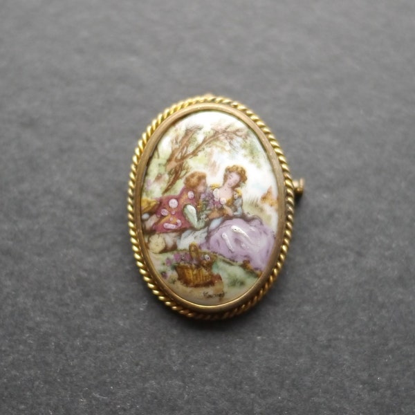 Porcelain Sharmaine Limoges courting couple vintage porcelain picture brooch trombone clasp