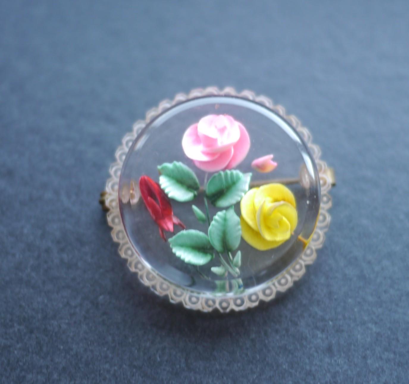 Vintage Reverse Carved Lucite 1940s Brooch With Flowers in Bright
