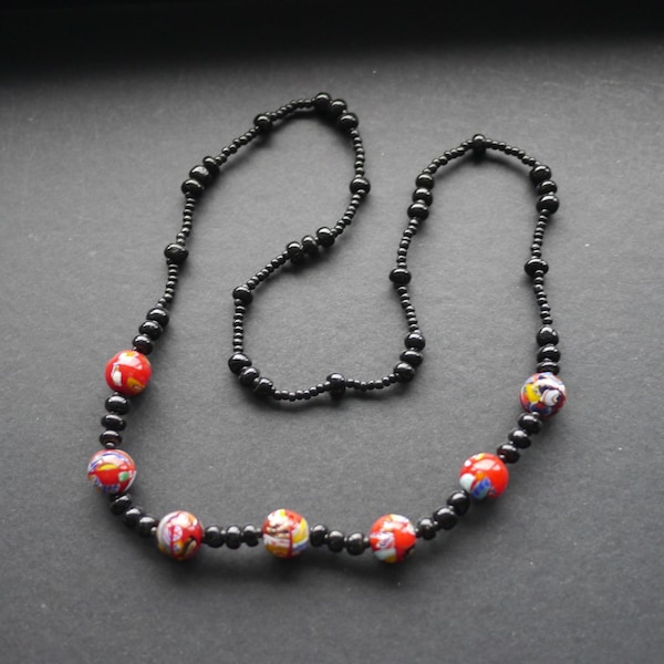 Vintage glass bead necklace, black with red Murano millefiori beads