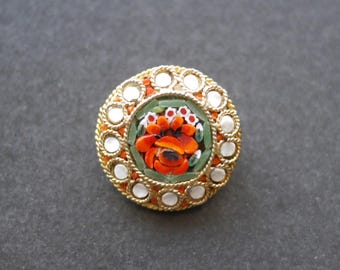 Broche ovale florale micro mosaïque vintage France