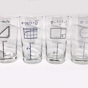 May include: Four clear glass tumblers, each featuring a unique mathematical formula and a corresponding diagram. Each glass includes a vertical measurement scale marked with 4 oz. The designs include square root, Euler's number, golden ratio, and pi.