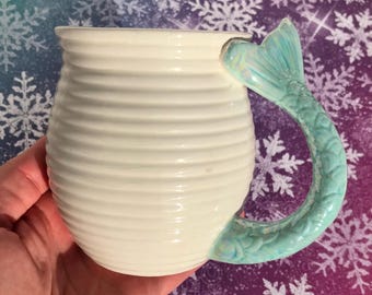 Whimsical Turquoise Irradecent Mermaid Tail Handle Coffee Cup Mug