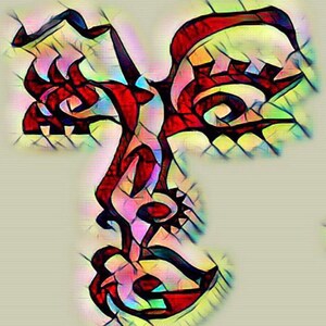 May include: Abstract art painting of a face with red, blue, green, and yellow colors. The face is stylized and has a geometric design.