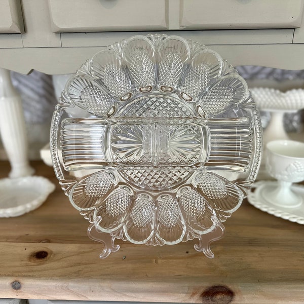 Deviled Egg Plate, Vintage LE Smith Divided Platter, Serving Tray, Hobnail Pattern, 1950s Hostess Dish, Easter Serving Platter Spring Decor