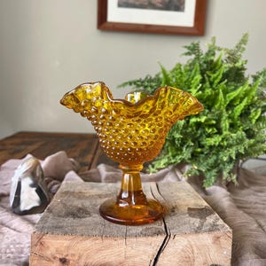 Vintage Fenton Amber Hobnail Ruffled Compote