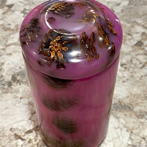 May include: A pink cylindrical container with a clear lid. The lid is decorated with brown pine cones embedded in the resin. The container is made of resin and has a smooth, glossy finish.