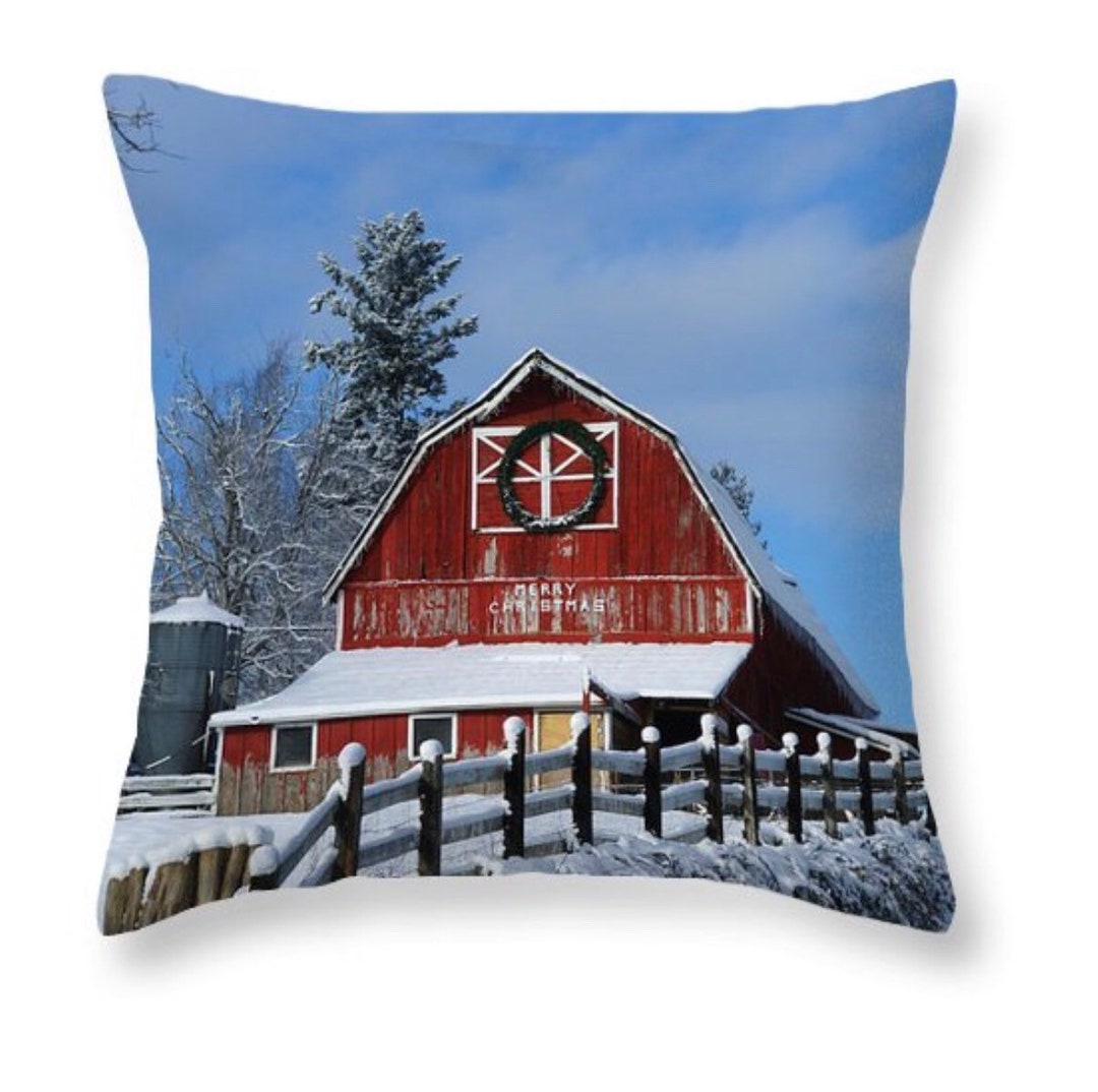 Red Barn Winter Scene Pillow Etsy