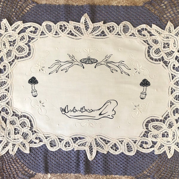 Bones and botanicals vintage linen altar cloth, tarot cloth