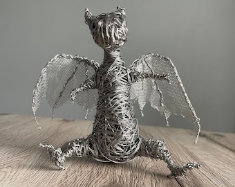 Aluminum Wire Baby Dragon Sculpture: Fantasy Art